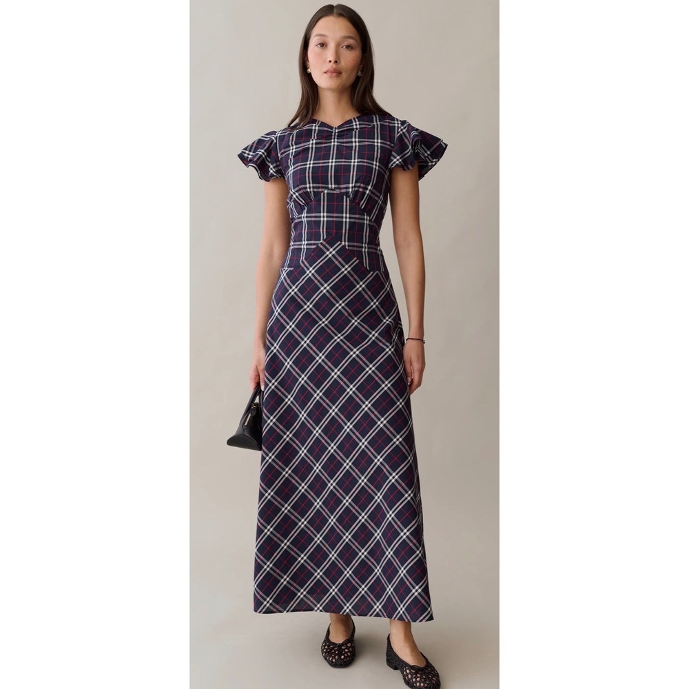Few Moda Kourt Plaid Flutter Sleeve Maxi Dress Navy Red White Chevron Waist NWT